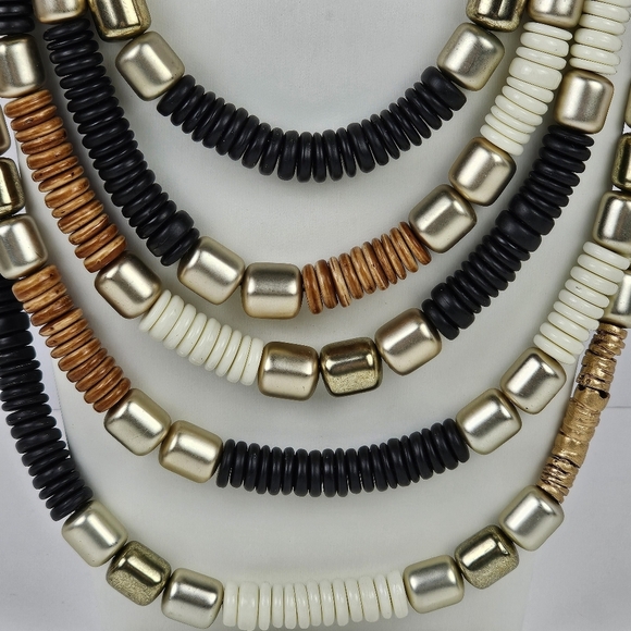 Statement Multistrand Beaded Necklace Black Brown Cream Gold Tone Magnetic Clasp - Picture 2 of 13